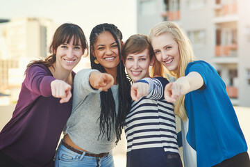 Wall Mural - City, smile and portrait of people with point for offer in selection, decision and choice to vote. Happy, friends and group of women with hand gesture for headhunting, opportunity and recruitment