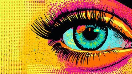 Pop art concept closeup eye. Colorful background in pop art retro comic style. Surveillance, monitoring, review, vision etc. concept background.