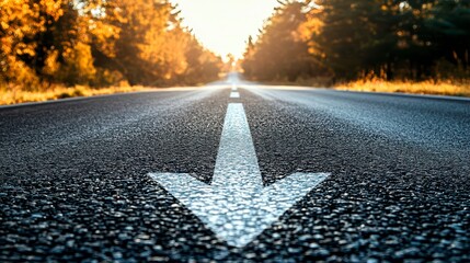 An asphalt road with an arrow painted on it symbolizes growth, development and the path to success