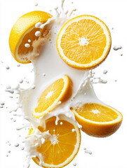 Canvas Print - Orange Slices Splashing in Milk