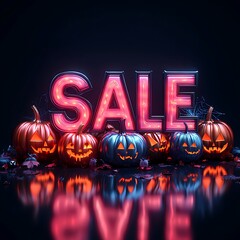 Halloween sale banner with glowing pumpkins and neon SALE sign, perfect for autumn seasonal promotions and spooky discount campaigns.