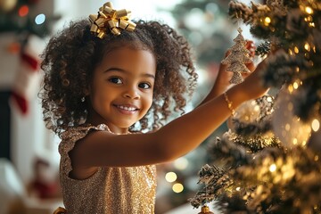 Happy girl with bow in hair decorating Christmas tree.