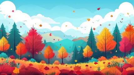 Wall Mural - Fall landscape with colorful trees, vibrant foliage, flat design illustration.