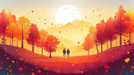 Sticker - Fall landscape with colorful trees, vibrant foliage, flat design illustration.