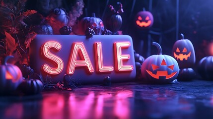 Wall Mural - Halloween sale neon sign with carved pumpkins and spooky decorations. Perfect for festive promotions and seasonal discounts.