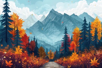 Wall Mural - Hiking path with vibrant fall foliage and mountains, picturesque scene, flat design illustration.,