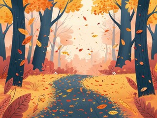 Sticker - Hiking trail with fallen leaves and autumn colors, serene journey, flat design illustration.