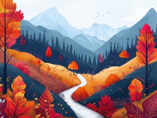 Sticker - Mountain trail with autumn colors, scenic journey, flat design illustration.,