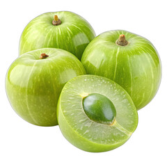 A group of raw amla fruits, including whole and half-cut, are isolated against a white background. The fruits are vibrant green, displaying their natural textures and details