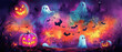 © Zarecznaya - Neon Halloween Banner - pumpkins and ghosts, Jack o Lantern in a purple background