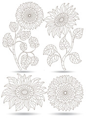 Sticker - Set of contour illustrations in stained glass style with sunflower flowers, dark outlines isolated on a white background