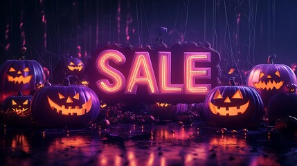 Wall Mural - Halloween sale sign surrounded by illuminated jack-o'-lanterns in a dark, spooky setting, perfect for seasonal promotions and discounts.