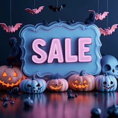 Wall Mural - Halloween sale sign with carved pumpkins, bats, and skulls. Spooky festive decorations for promotional events.