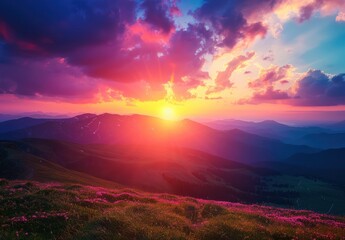 Poster - Majestic Sunset Over Mountain Range