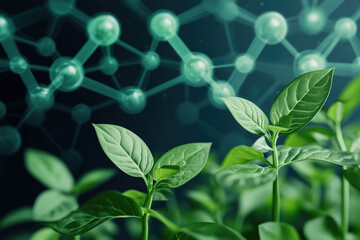 green growth and molecular connections, showcasing vibrant plant leaves against an abstract molecula