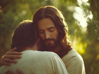 Jesus Christ hugging and comforting a man, offering peace and reassurance