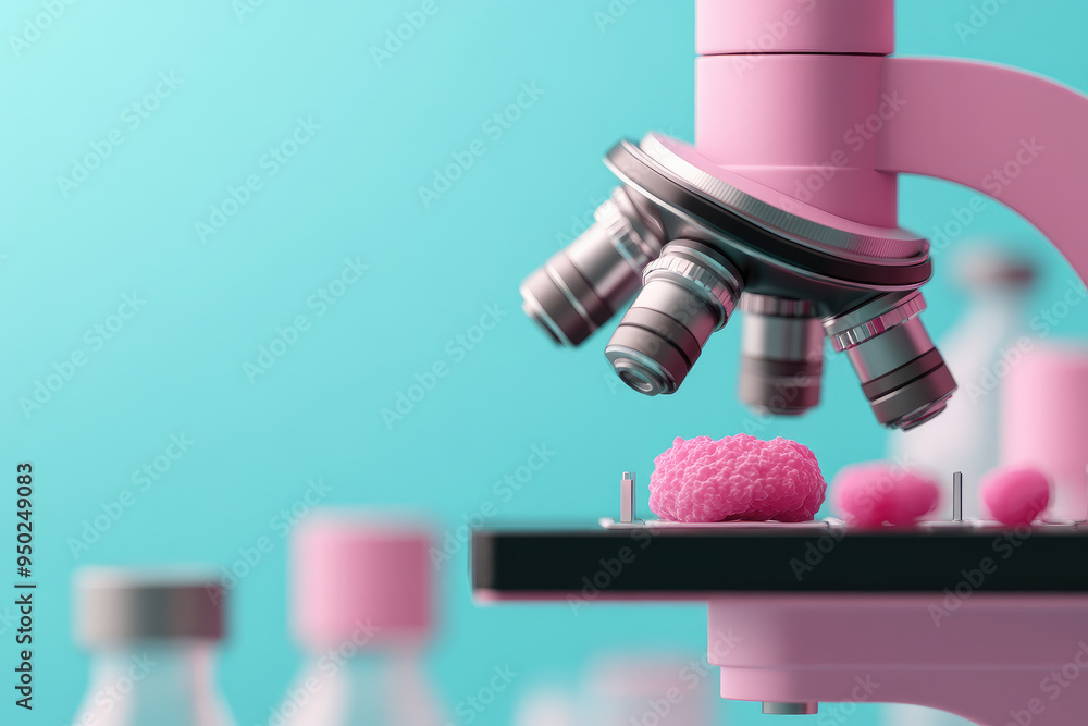 Microscope Science Color Research lab setup, pink microscope focusing on textured sample ...