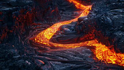 Detailed view of molten lava patterns in a volcanic flow