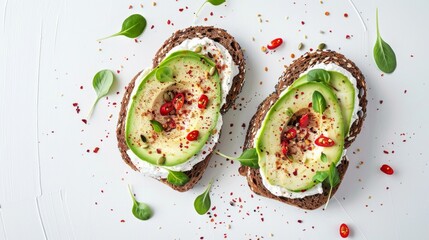 Canvas Print - Fresh avocado toast with creamy cheese spread. Bright green avocado slices topped with red spices create a vibrant dish. Perfect for brunch or a healthy snack. AI