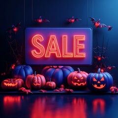 Halloween-themed sale banner with glowing neon sign, pumpkins, and bats for a spooky seasonal promotion or advertisement.