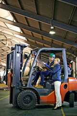 Aufkleber - Discussion, warehouse and workers with forklift working on site, loading on dock with Industrial moving vehicle. Teamwork, together or woman with clipboard for shipping inventory, hardhat for safety