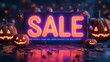 © Tackey - Illuminated SALE sign surrounded by glowing pumpkins and autumn leaves, perfect for Halloween themed promotions or fall discount advertising.