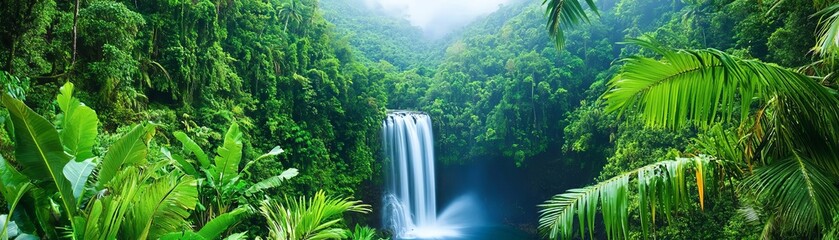 Lush tropical island with dense rainforest and a hidden waterfall, Tropical island vegetation, Nature adventure