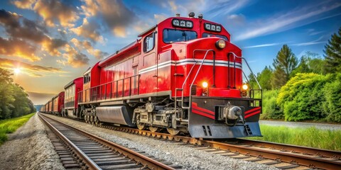 Red engine train traveling down tracks, train, locomotive, transportation, railway, tracks, travel, journey, motion, speed, engine