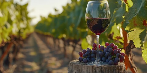 A glass of red wine with grapes on a tree stump in a vineyard.