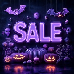 Wall Mural - Neon SALE sign with Halloween decorations, pumpkins, bats, and spooky elements in dark background. Perfect for holiday promotions.