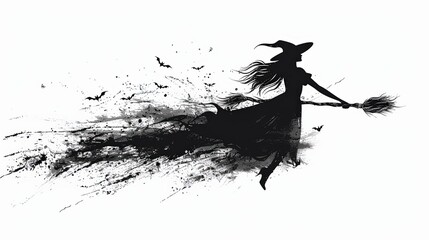 a spooky witch flying on a broomstick, Halloween icon, vector art, bold lines,