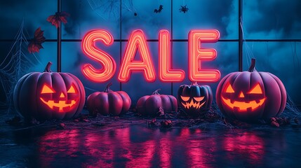 Spooky Halloween sale banner with glowing jack-o'-lanterns and neon 'SALE' sign. Perfect for seasonal promotions and festive marketing.