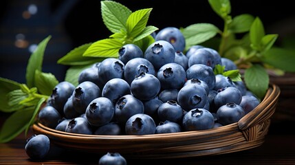 Wall Mural - A bowl of blueberries with a sprig of mint on top.