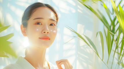 Beautiful Asian Woman with Glowing Skin and Natural Beauty Posing in Sunlit Room with Green Plants for Wellness and Skincare Concept