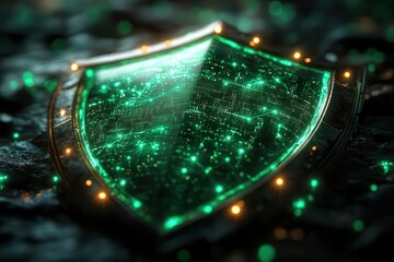 Canvas Print - glowing neon cybersecurity emblem pulsating green shield on black backdrop digital network patterns intertwining futuristic tech aesthetic