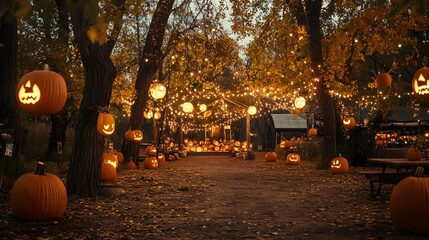 A lively outdoor festival with pumpkin carving and warm earthy tones