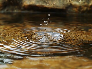 High-speed capture of water droplets splashing into a natural pool. Generative AI