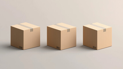 Three cardboard boxes standing in a row on grey background