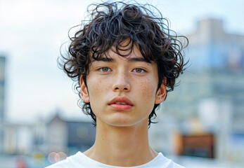 Sticker - Portrait of a young Asian man with curly hair and freckles standing in the city looking at camera with a neutral expression