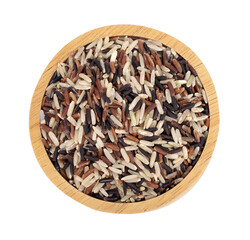 brown rice in wooden bowl ,top view