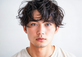 Headshot portrait of young man with messy hair and freckles neutral expression Gen Z millennial white background beauty youth skincare fashion natural real people authentic individuality diversity