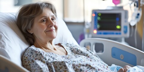 Canvas Print - A woman in a hospital bed, smiling. There is a medical monitor in the background.