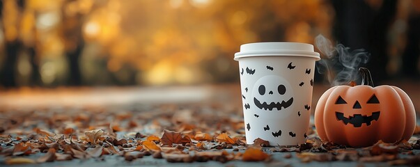 Halloween Coffee Cup and Pumpkin on Fall Leaves