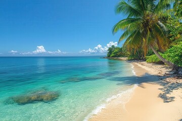 Wall Mural - idyllic tropical beach paradise with crystalclear turquoise waters lapping at pristine white sand lush palm trees sway gently framing a scene of ultimate relaxation and natural beauty