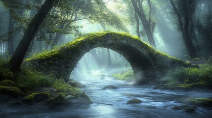 Poster - A serene stone bridge covered in green moss arches gracefully over a tranquil stream. Sunlight filters through the trees, creating a magical atmosphere. A perfect nature scene. AI