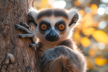 inquisitive ringtailed lemur scaling tree trunk striking fur pattern expressive eyes lush forest backdrop dappled sunlight through canopy