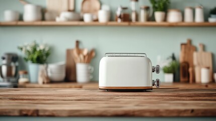 A clean and organized kitchen features a retro-style toaster on a wooden counter, with neatly arranged shelves filled with various kitchen items in the background.