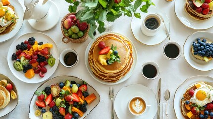 A beautifully arranged breakfast table with a variety of dishes including pancakes, fresh fruit, and coffee.