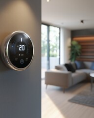 Modern smart thermostat in a stylish living room setup.