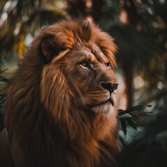 Wall Mural - close up powerful lion with a focused, intense gaze and well defined mane, softly blurred tropical forest, bright, natural enhancing the lion s rich colors and textures